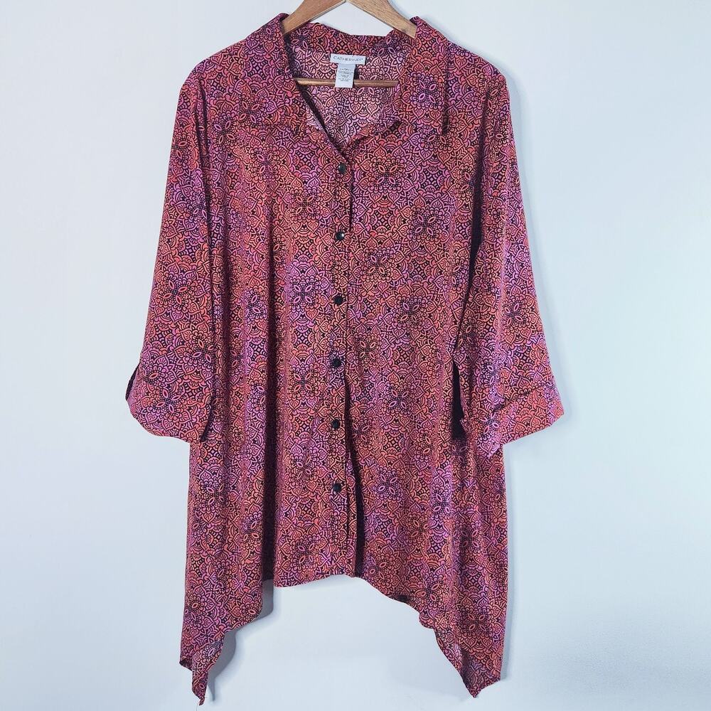Catherines Fuchsia Demask Print Button Up Handkerchief Hem Blouse Size 3X 26/28